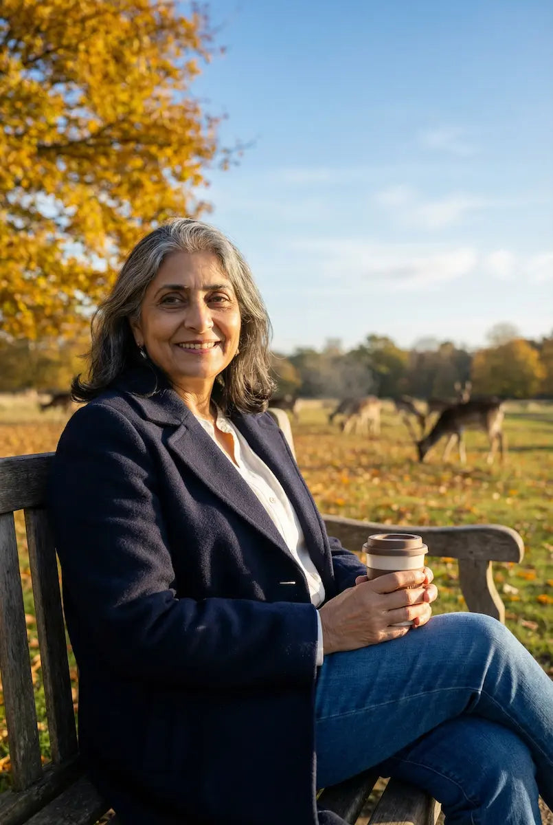 Woman sitting on a bench holding a coffee cup with deer in the background