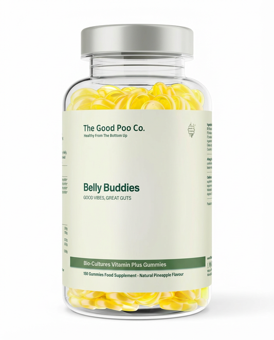 Bottle of 'Belly Buddies' gummies from The Good Poo Co. on a white background
