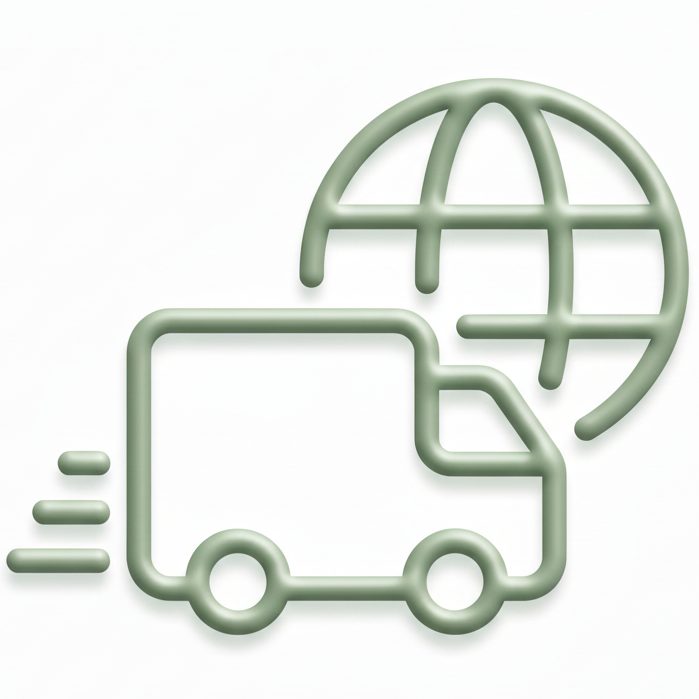 Green icon of a truck with a globe, symbolizing global shipping or logistics.