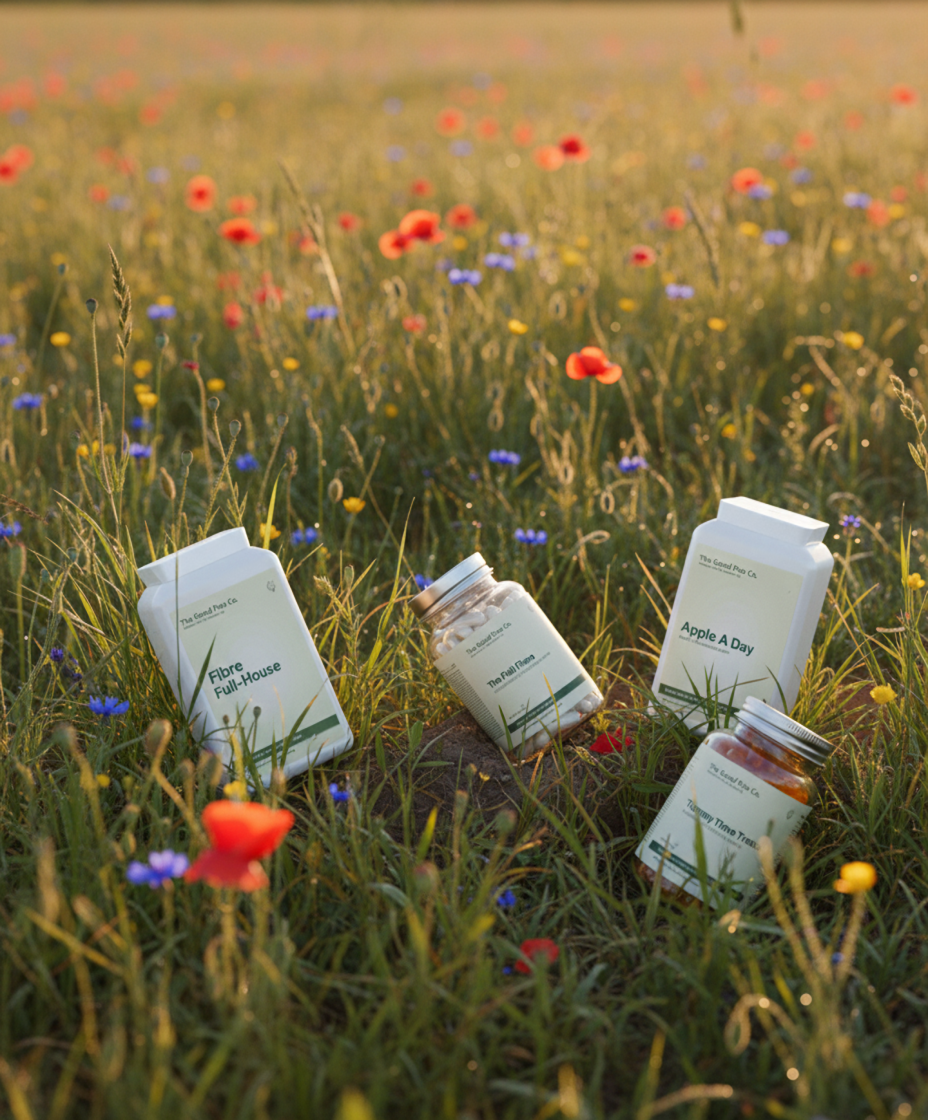 Supplement containers in a field of wildflowers