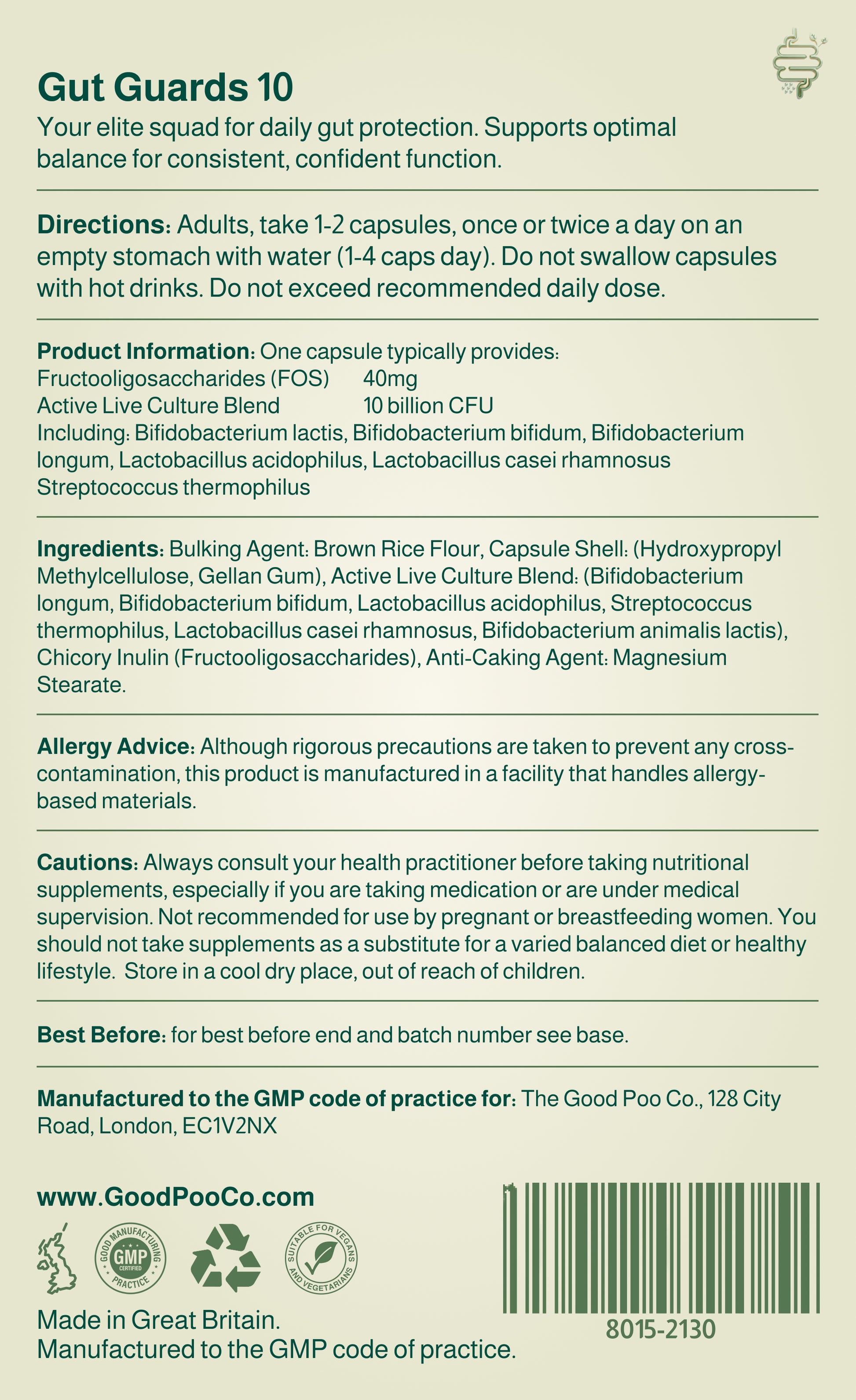 Back label of Gut Guards supplement with text and barcode