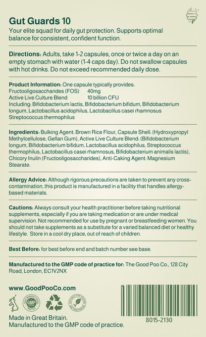 Back label of Gut Guards supplement with text and barcode