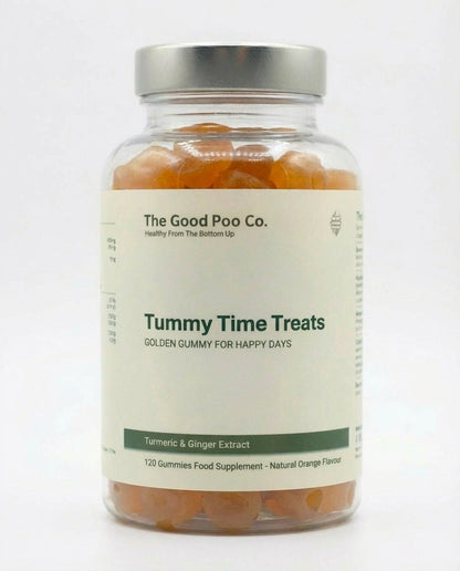 Jar of 'Tummy Time Treats' gummies from The Good Poo Co. on a white background