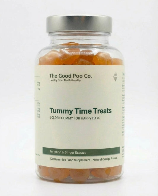 Jar of 'Tummy Time Treats' gummies from The Good Poo Co. on a white background