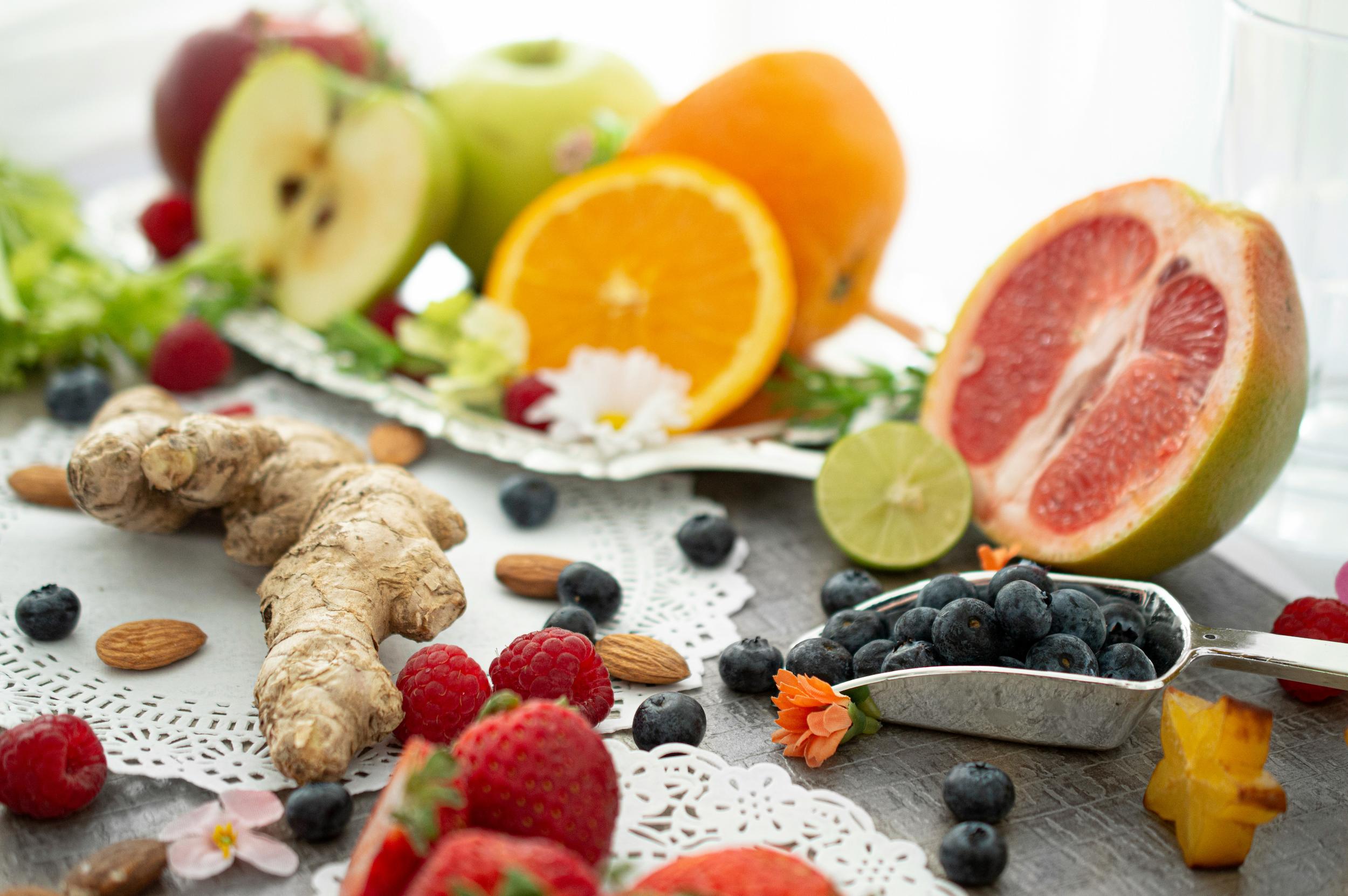 Colourful anti-inflammatory foods including turmeric, berries, oily fish and leafy greens