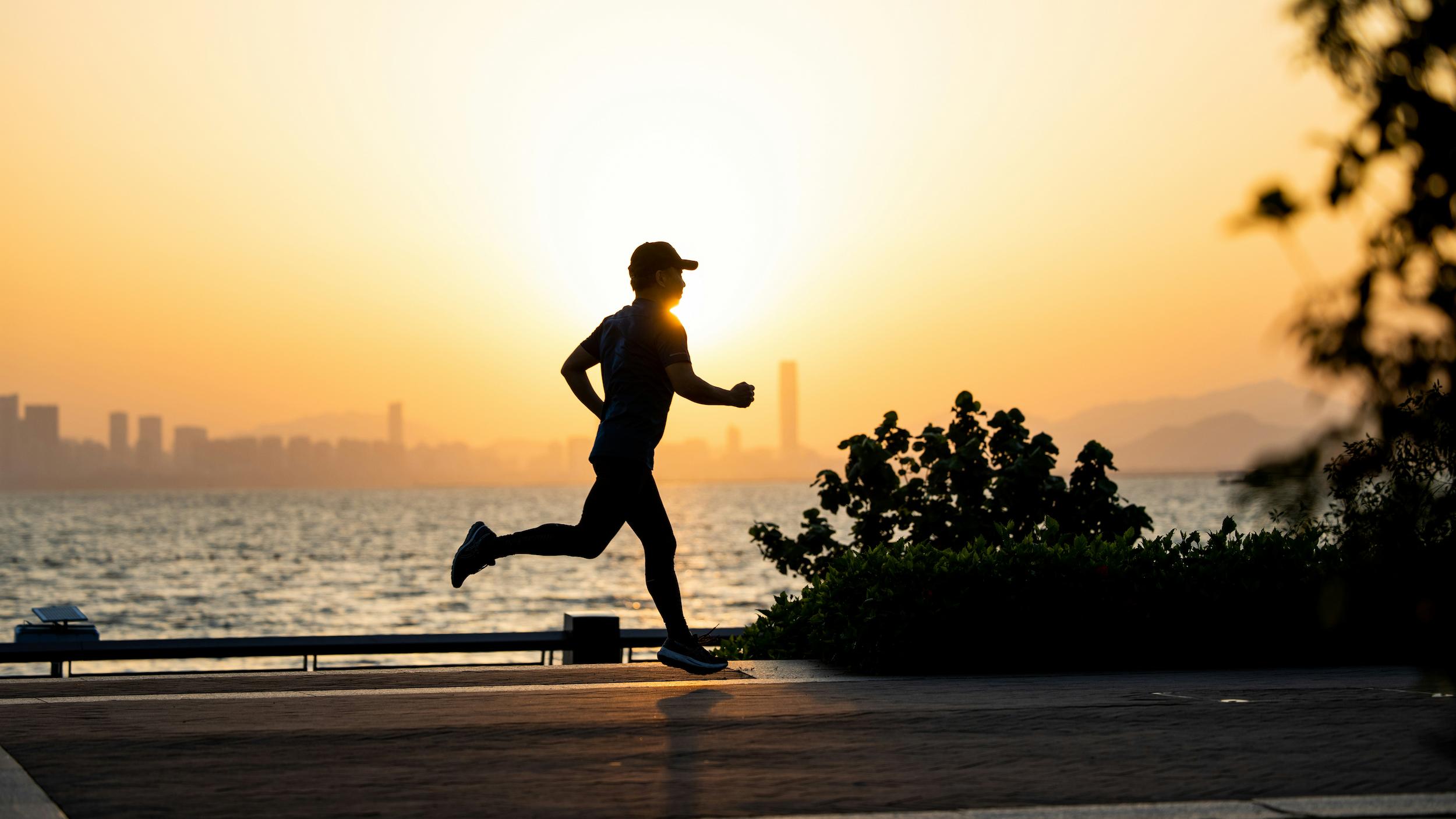 Person jogging through a green park, representing the gut health benefits of regular aerobic exercise